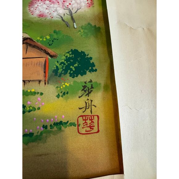 Vintage Japanese Silk Painting Cherry Blossom Landscape Signed Art - Picture 5 of 9